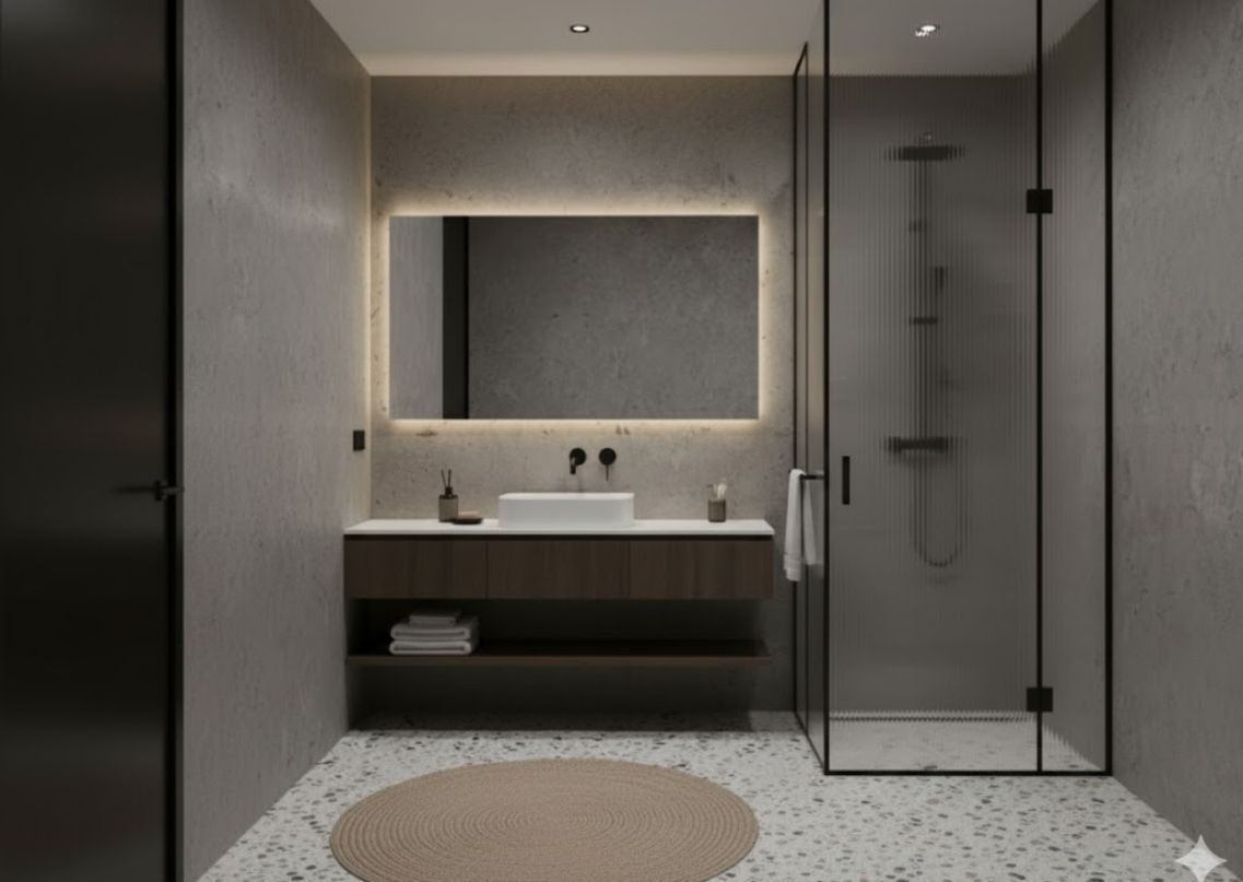 Bathroom with wooden vanity and terrazzo floor - Beautiful Homes