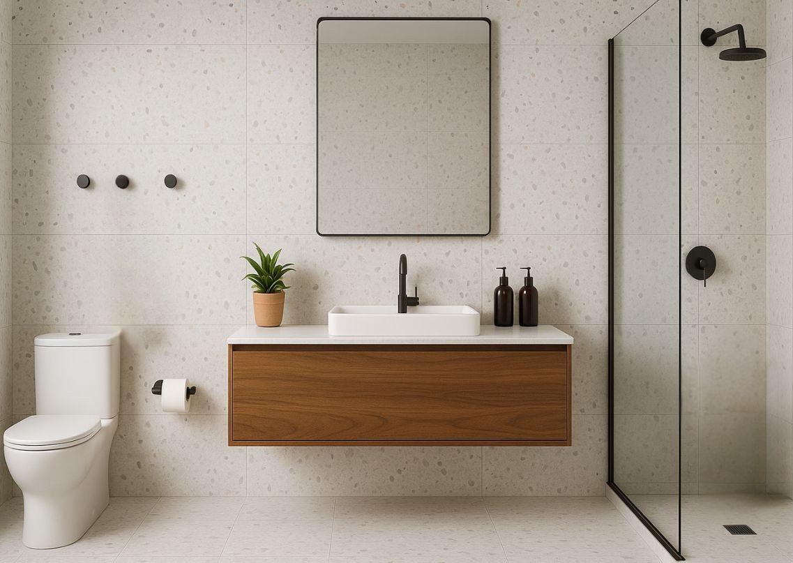 Modern bathroom with wooden vanity and glass shower - Beautiful Homes