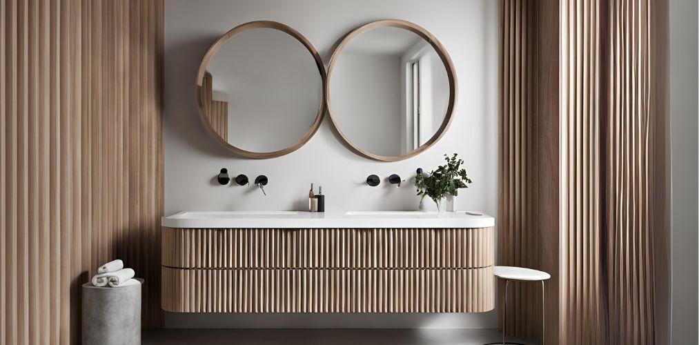 Contemporary bathroom with wall-mounted fluted wooden vanity unit - Beautiful Homes