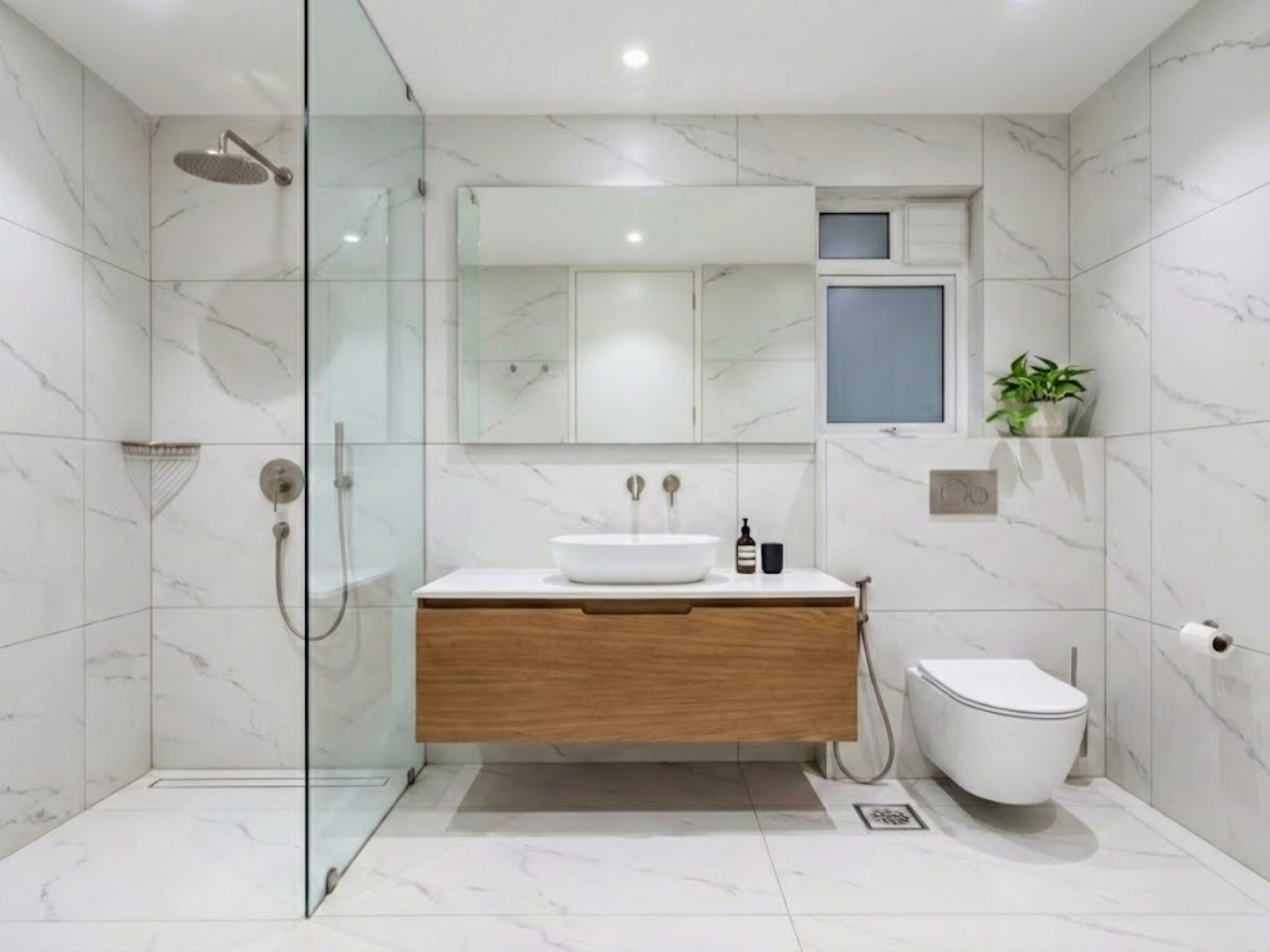 Bathroom with wooden vanity and glass shower - Beautiful Homes