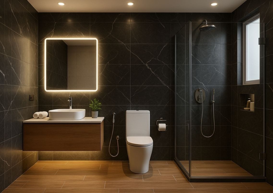 Elegant bathroom with black tiles and wooden floor - Beautiful Homes