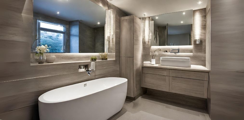 Contemporary bathroom with wooden wall mounted vanity - Beautiful Homes