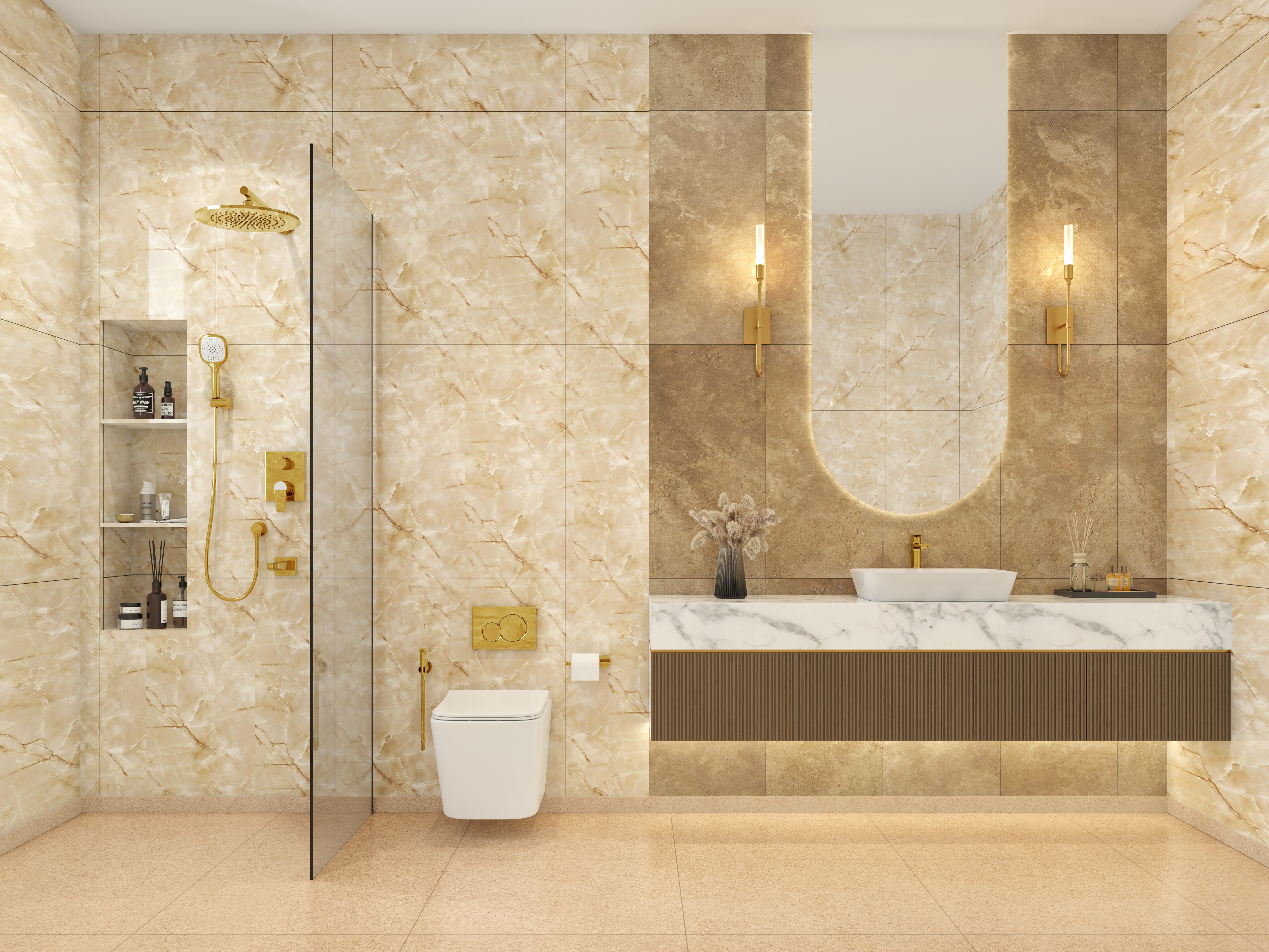 Bathroom with marble tiles, gold fittings, and lighting - Beautiful Homes