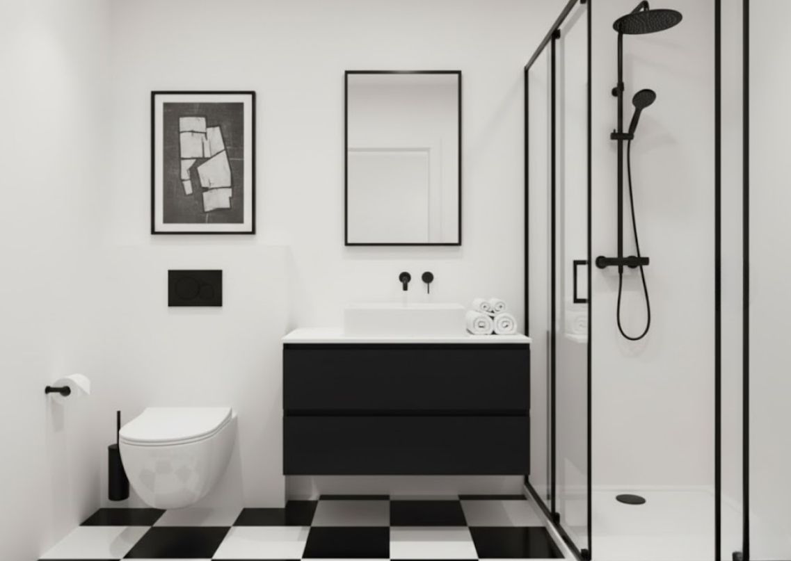 Modern bathroom with black vanity and shower - Beautiful Homes