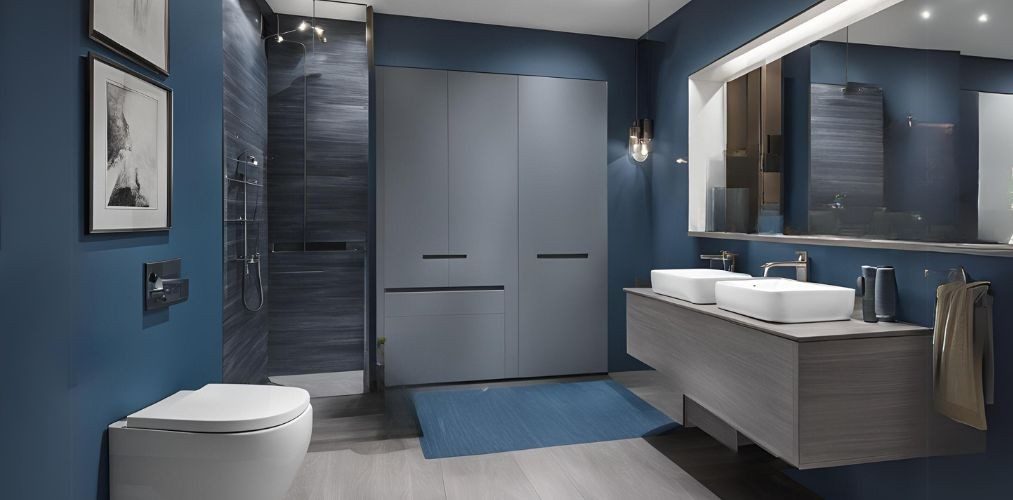 Contemporary blue and grey bathroom with closed storage - Beautiful Homes