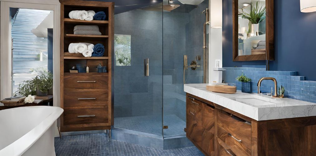 Contemporary blue bathroom with wooden storage-Beautiful Homes