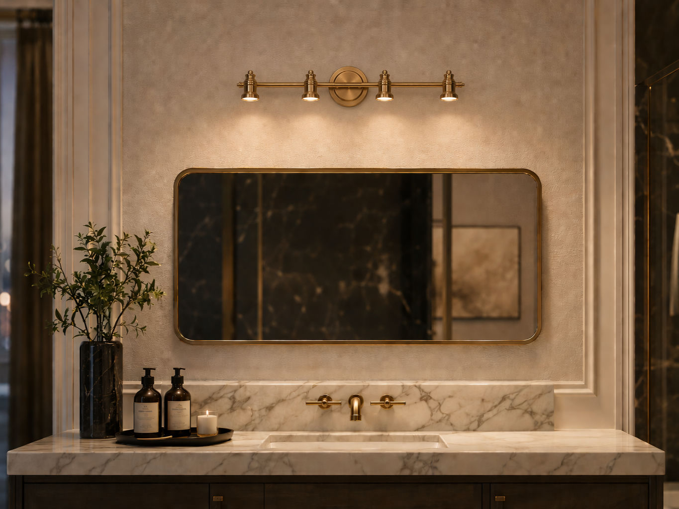 Wall-mounted brass vanity light with four cylindrical spotlights - Beautiful Homes
