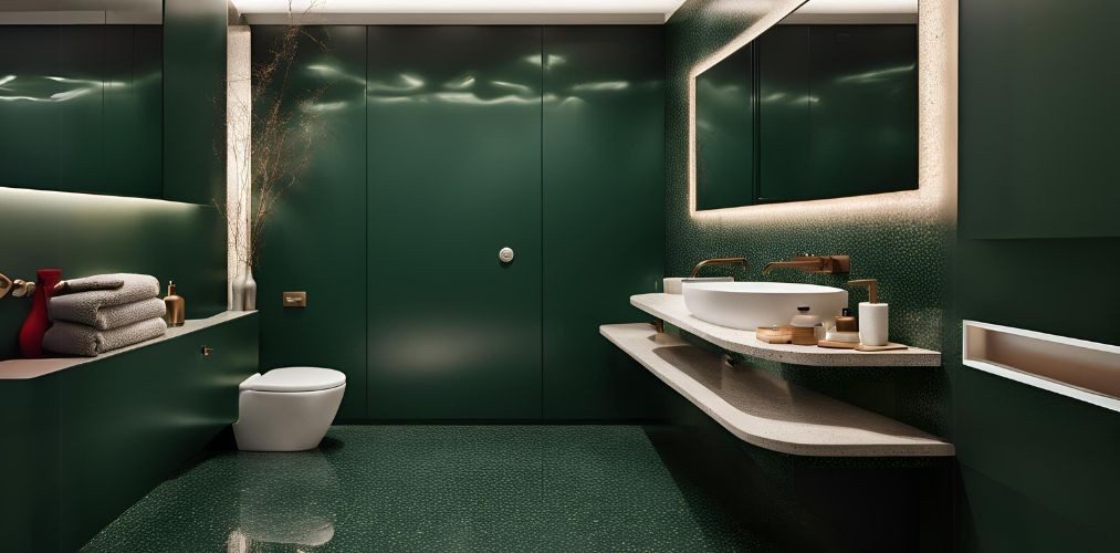 Contemporary dark green bathroom with terrazzo flooring - Beautiful Homes