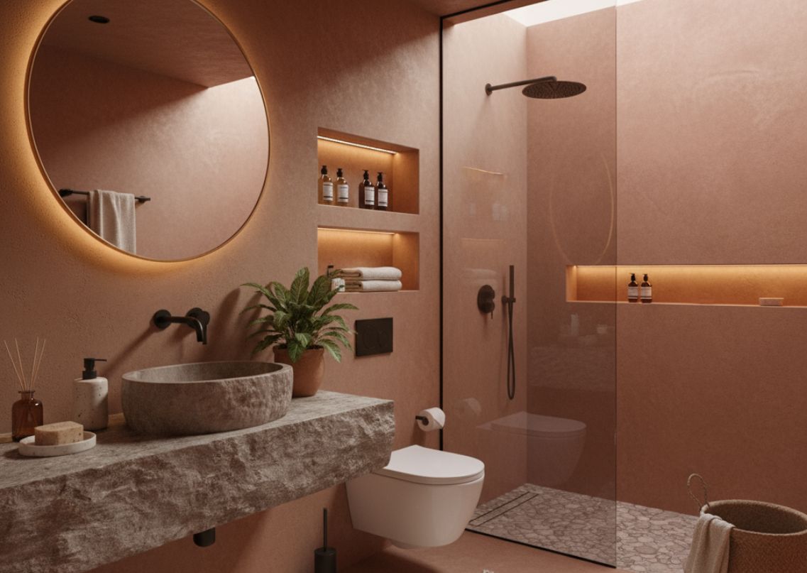 Bathroom with earthy tones and modern fixtures - Beautiful Homes