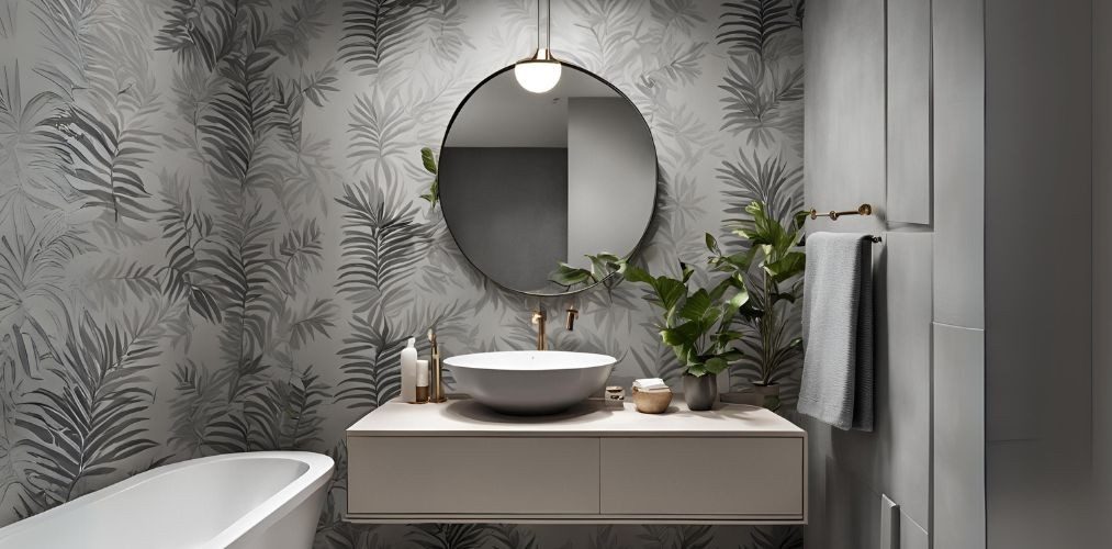 Contemporary grey bathroom with conical wash basin and leafy wallpaper - Beautiful Homes