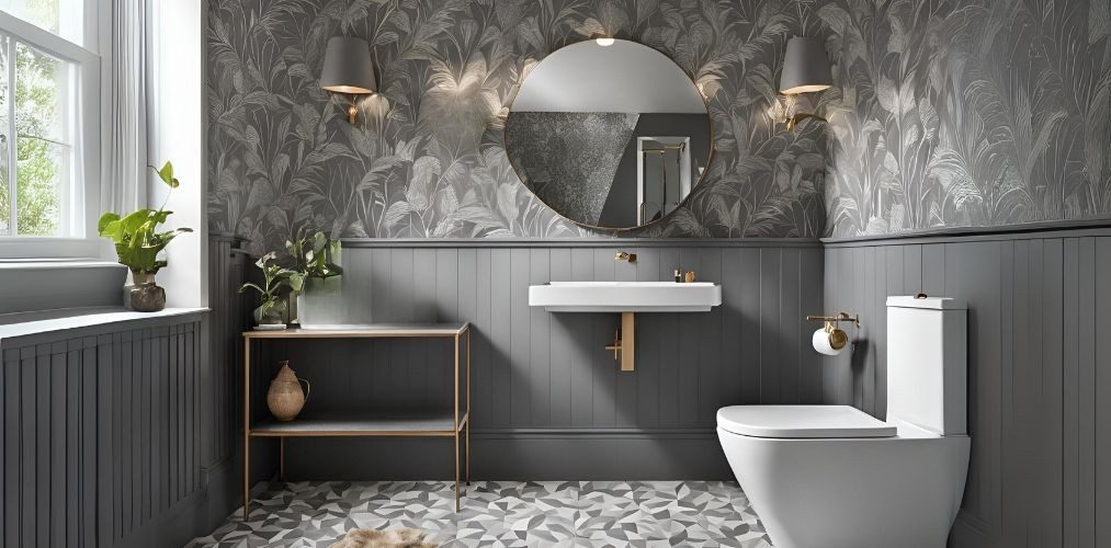 Contemporary grey bathroom with leafy wallpaper - Beautiful Homes