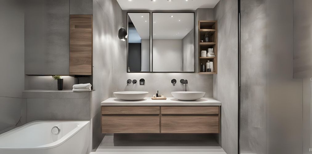 Contemporary grey bathroom with wooden bathroom cabinet - Beautiful Homes