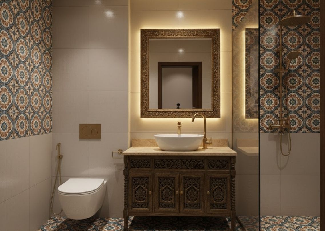 Bathroom with wooden vanity and terrazzo floor - Beautiful Homes