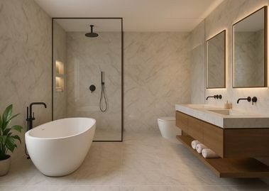 Bathroom with tub, shower, wooden vanity - Beautiful Homes