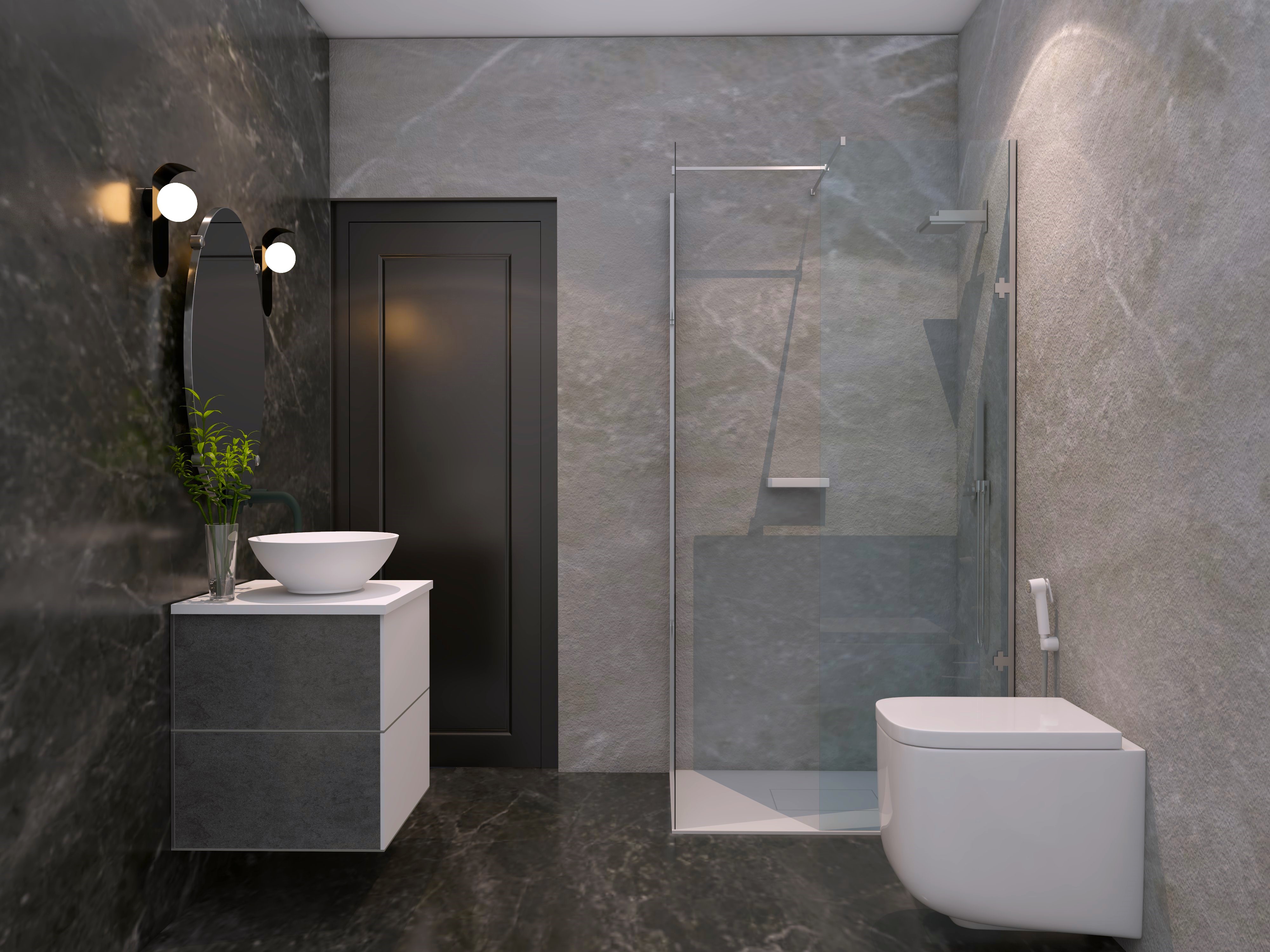 Grey bathroom with wall mounted vanity and western toilet-Beautiful Homes
