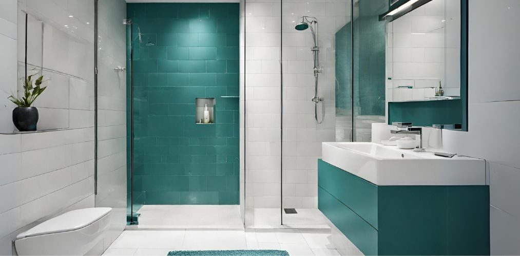 Contemporary teal and white bathroom design with shower cubicle-Beautiful Homes