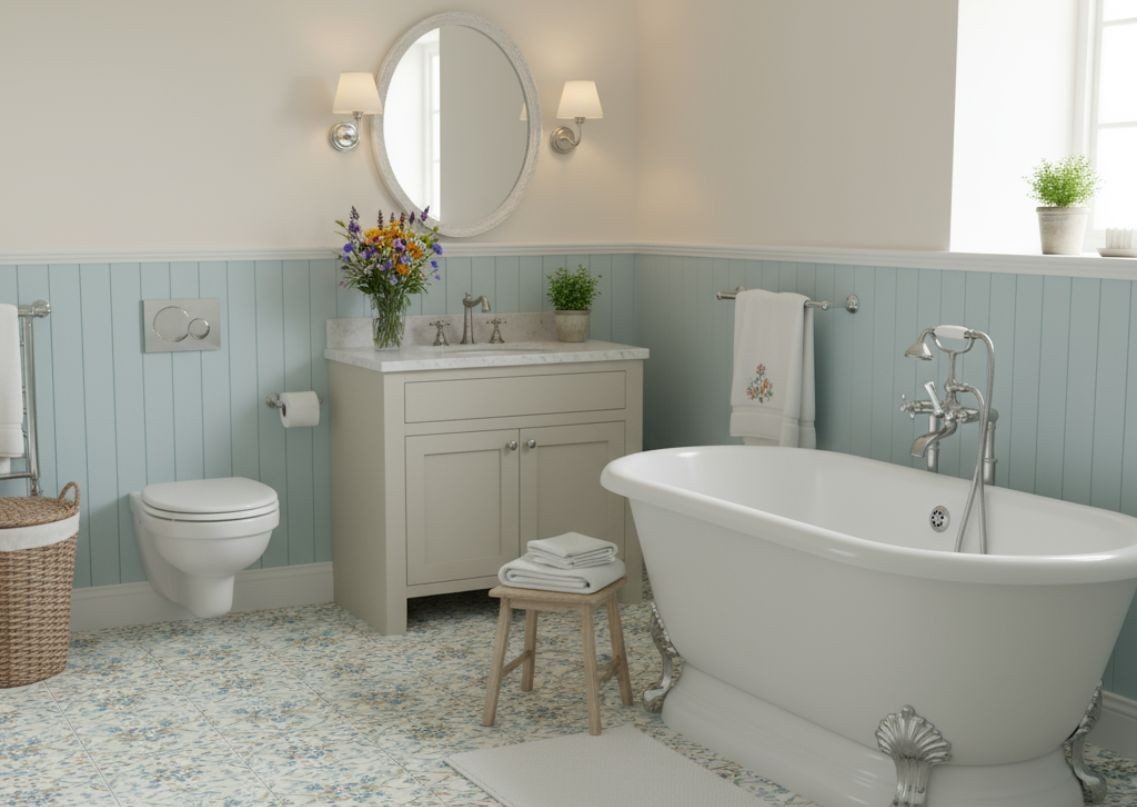 Bathroom with freestanding tub and soft blue décor - Beautiful Homes