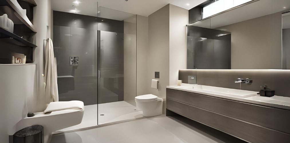 Cream and grey modern bathroom with glass shower area - Beautiful Homes