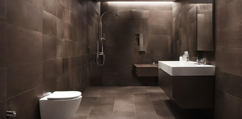 Dark brown bathroom with wall mounted vanity - Beautiful Homes