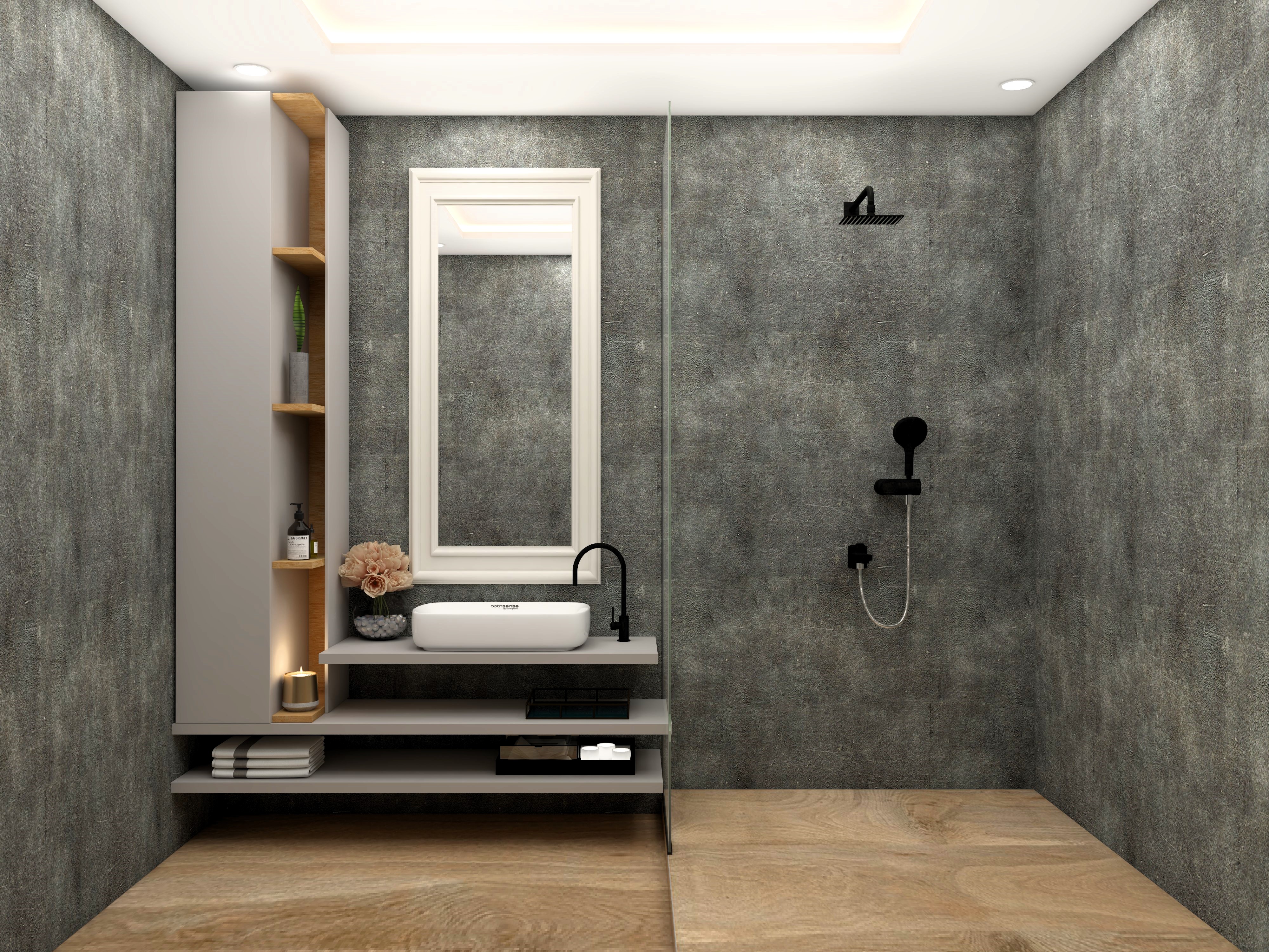 Dark grey bathroom with white framed mirror and wall wardrobe - Beautiful Homes