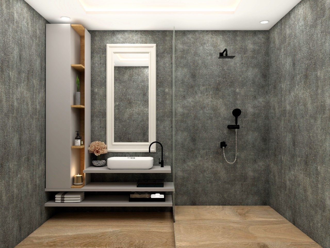 Dark grey bathroom with white framed mirror and wall wardrobe - Beautiful Homes