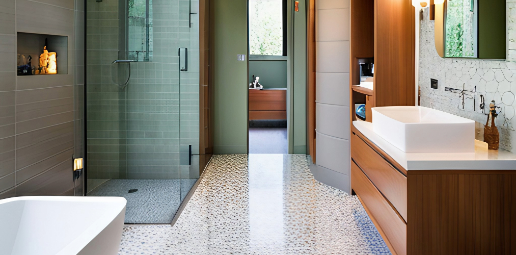 Designer bathroom with white terrazzo tiles-Beautiful Homes