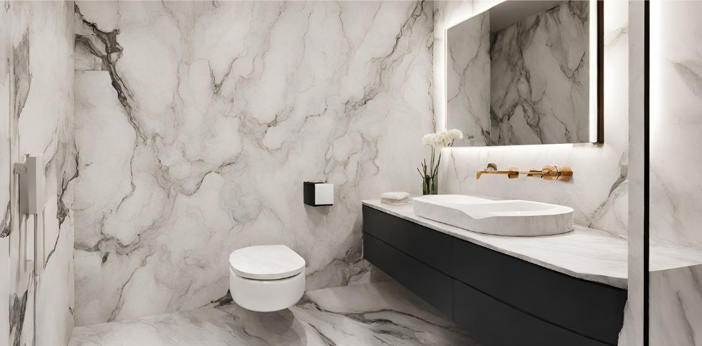 Designer powder room with white marble walls-Beautiful Homes