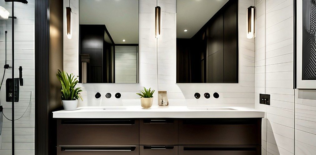 Double vanity design with drawers for a simple white and brown bathroom-Beautiful Homes