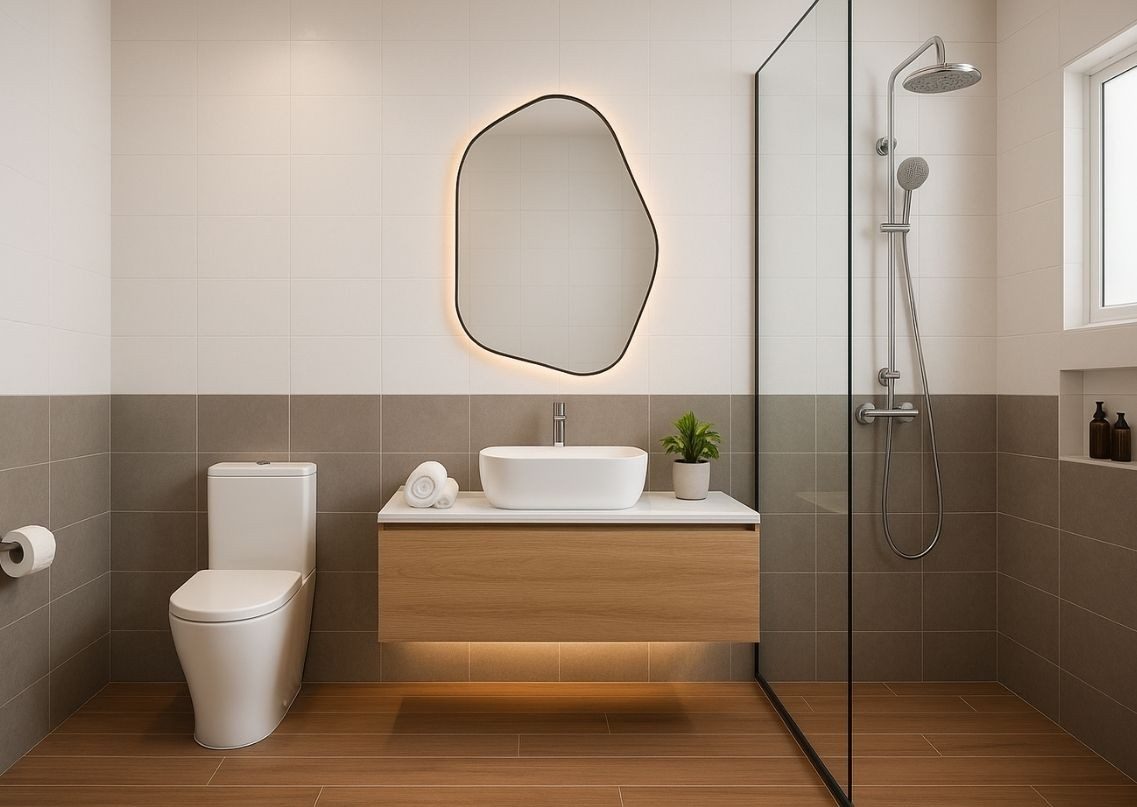 Bathroom with vanity, enclosed shower, patterned tiles - Beautiful Homes