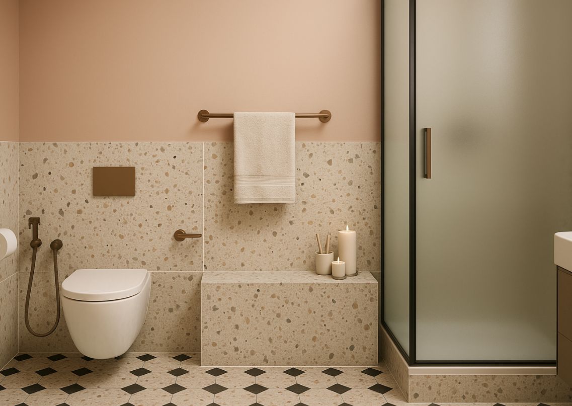Modern bathroom with terrazzo walls and geometric floor tiles - Beautiful Homes