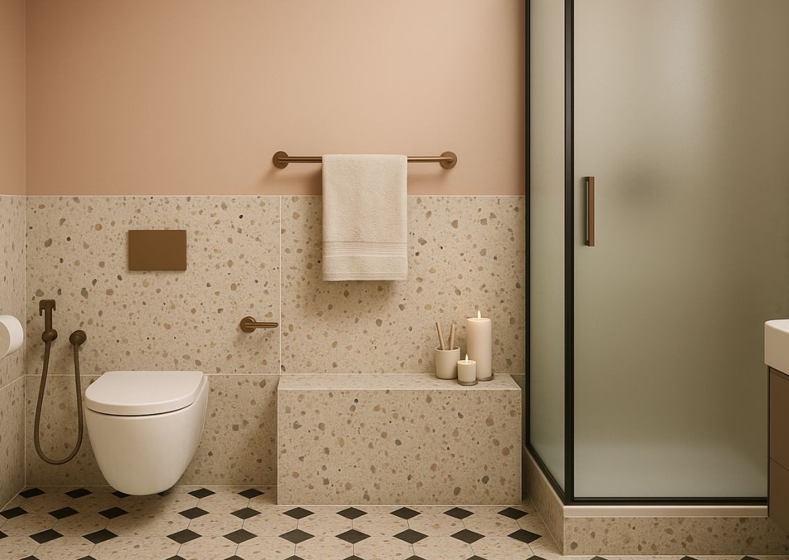 Modern bathroom with terrazzo walls and geometric floor tiles - Beautiful Homes