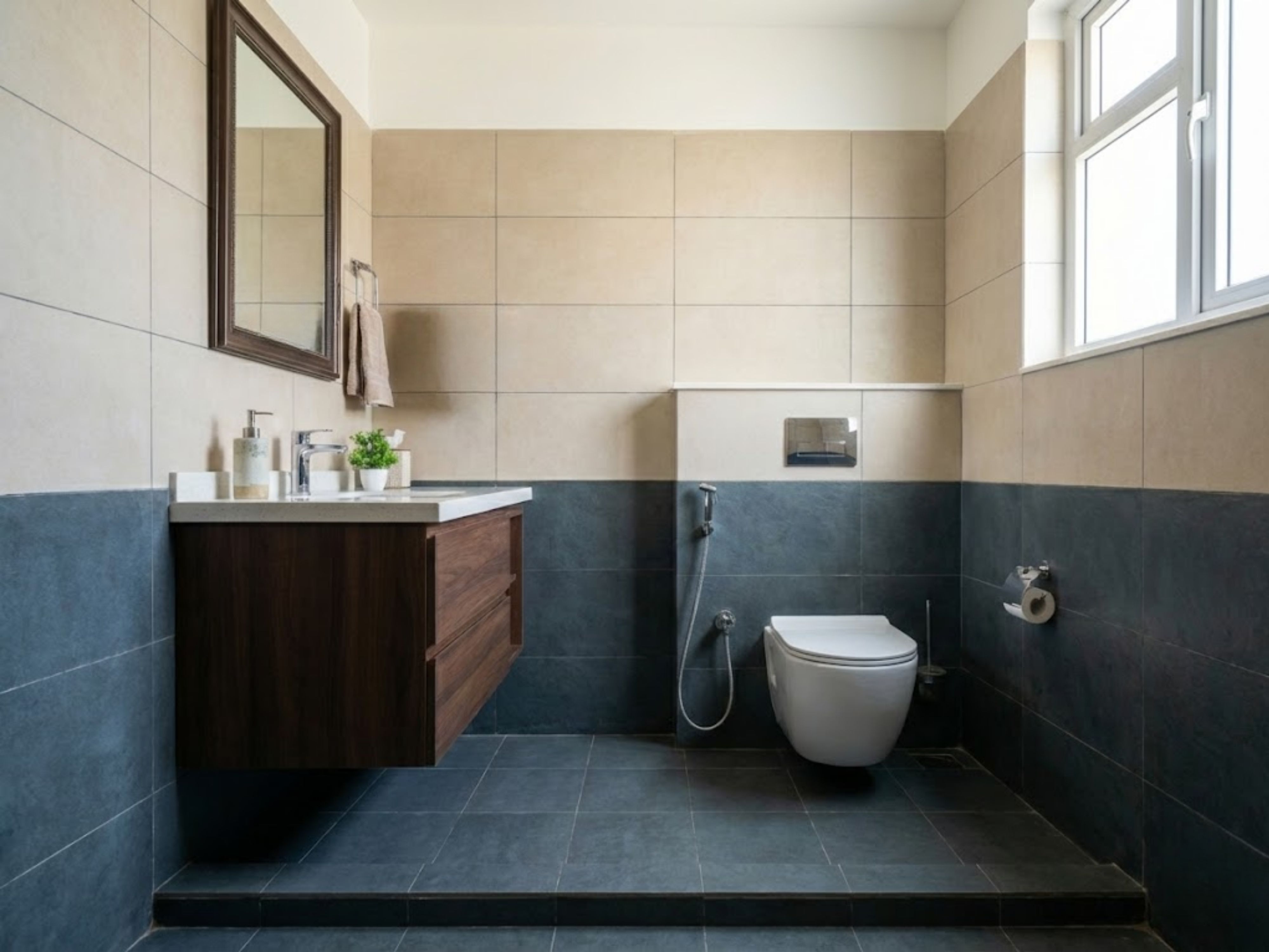 Modern bathroom with wooden vanity and tiled walls - Beautiful Homes