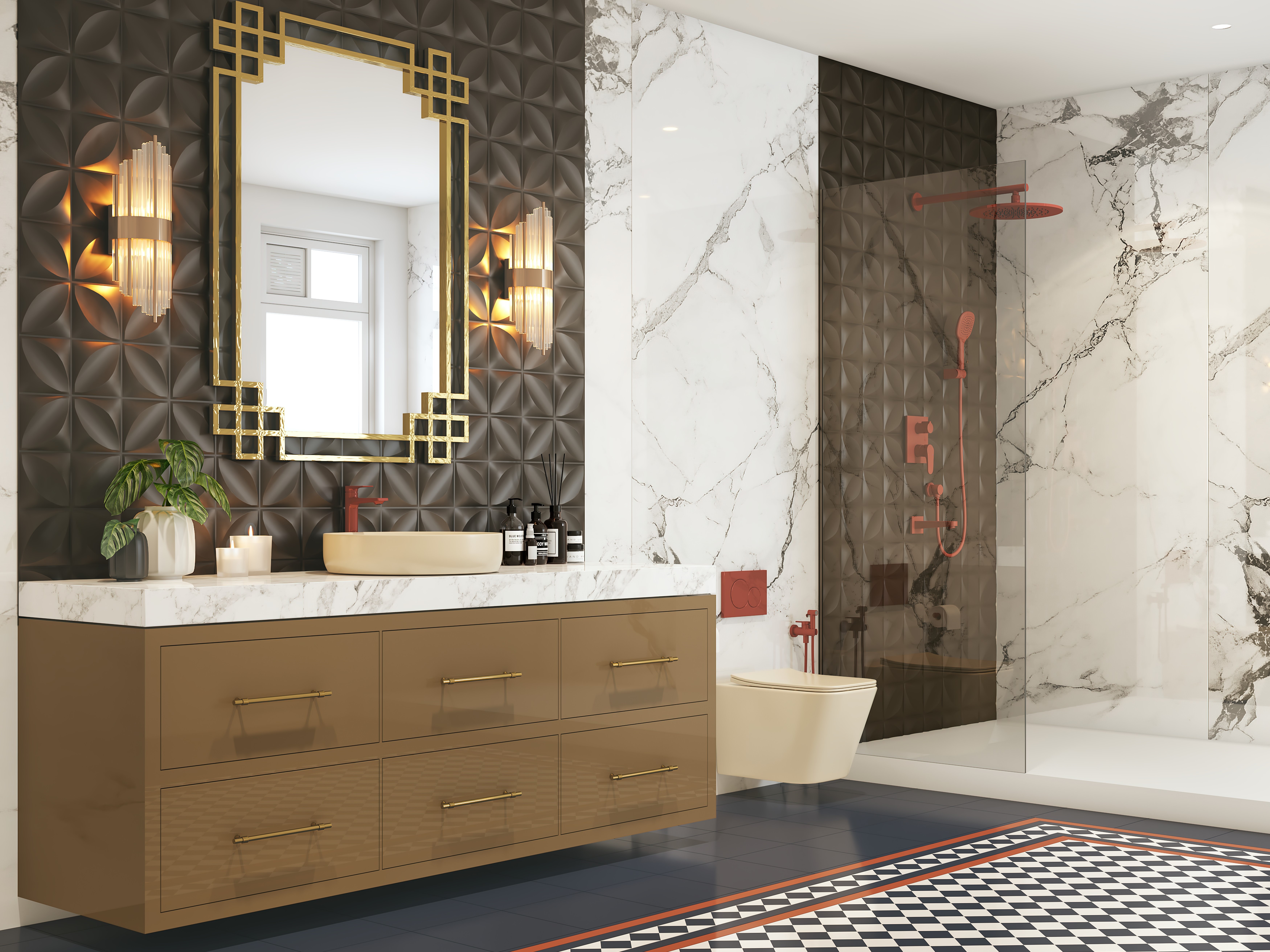 Modern bathroom with gold mirror and rainfall shower - Beautiful Homes