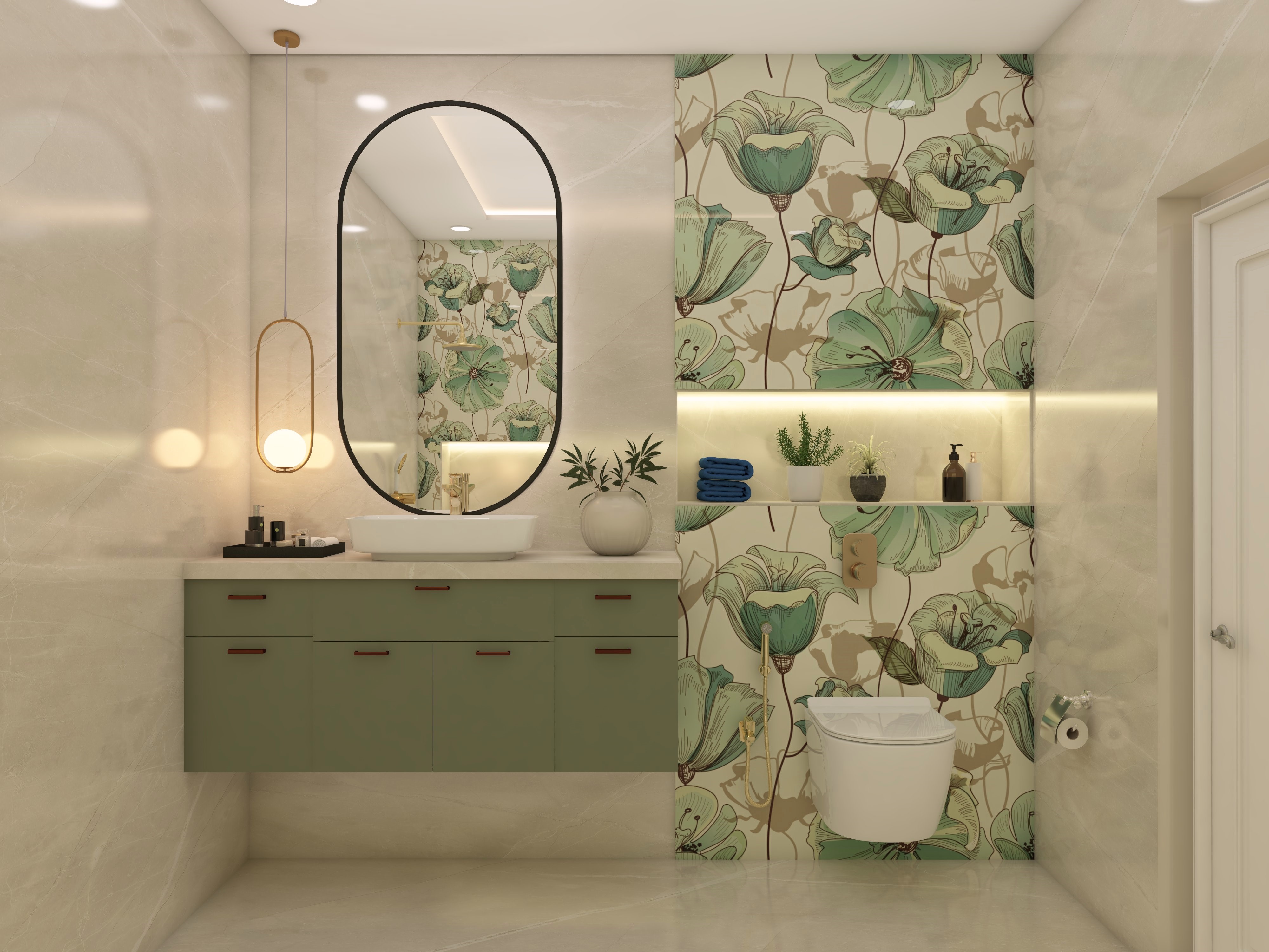 Bathroom with floral wall, vanity, and oval mirror - Beautiful Homes