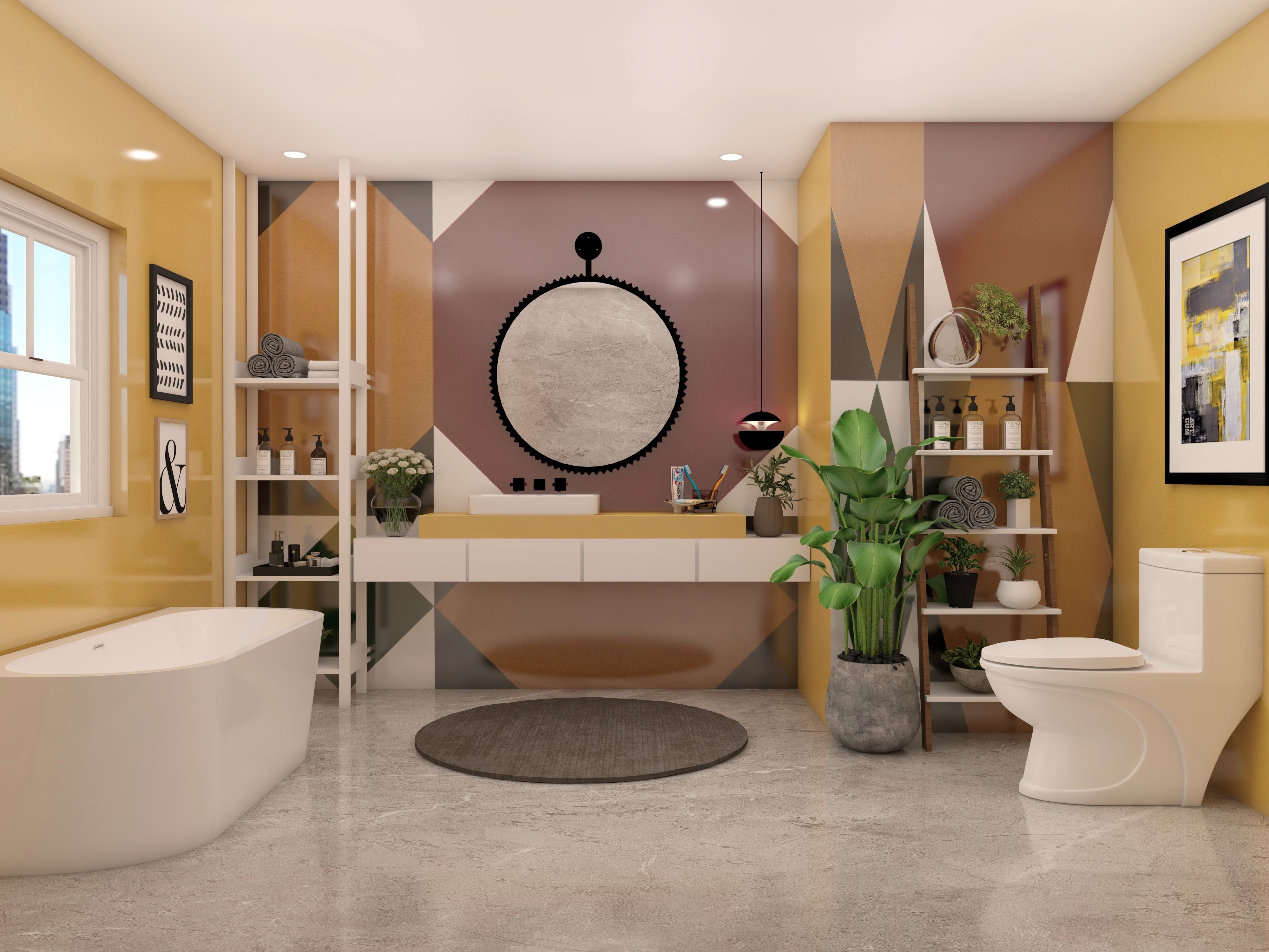 Modern bathroom with bathtub and geometric tiles - Beautiful Homes