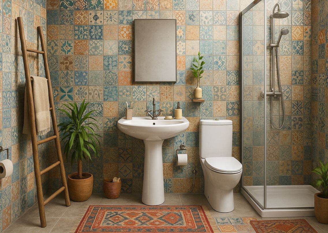 Bathroom with vibrant tiles and modern fittings - Beautiful Homes