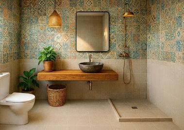 Bathroom with vibrant tiles and wooden vanity - Beautiful Homes