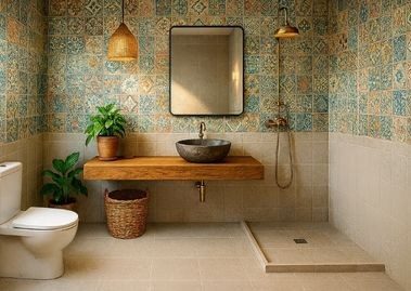 Bathroom with vibrant tiles and wooden vanity - Beautiful Homes