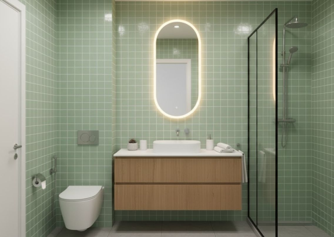 Bathroom with green tiles and modern fixtures - Beautiful Homes