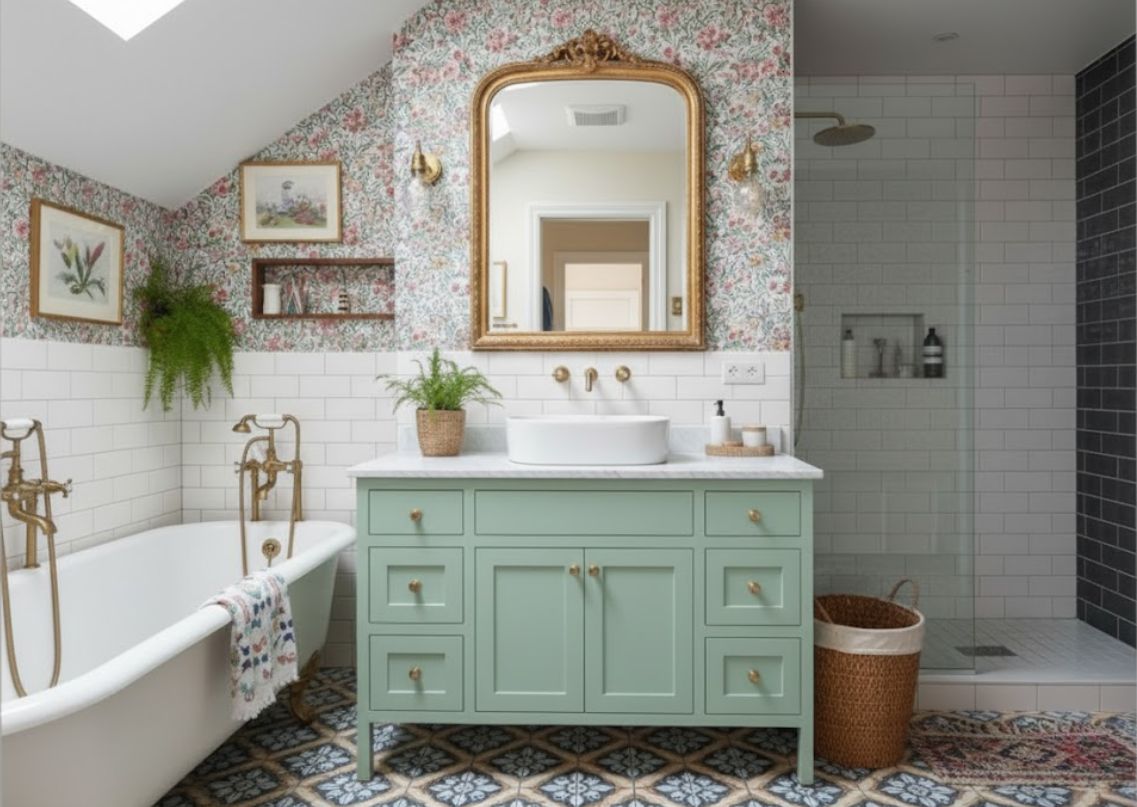 Bathroom with teal vanity and gold mirror - Beautiful Homes