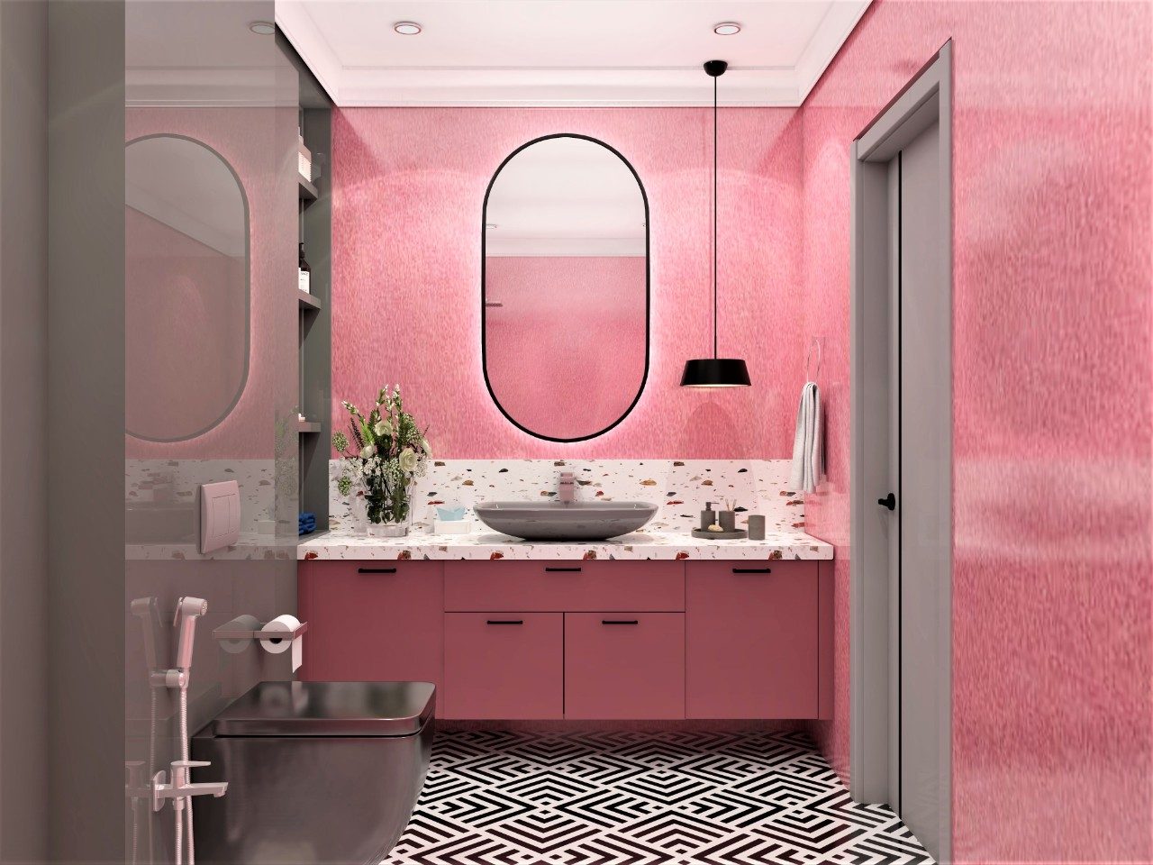 Pink bathroom with terrazzo vanity and geometric floor - Beautiful Homes