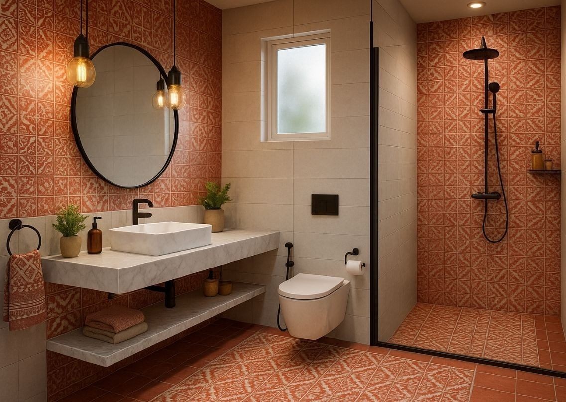 Modern bathroom with textured tiles and lighting - Beautiful Homes