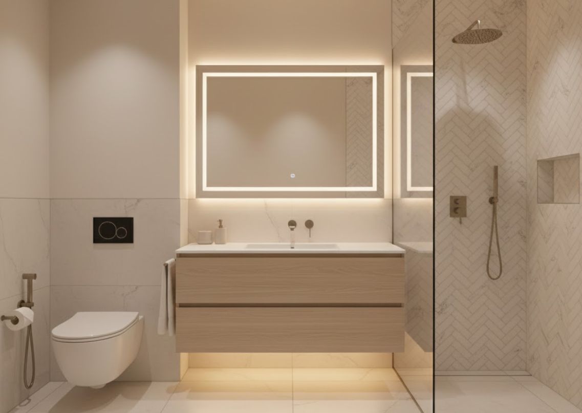 Modern bathroom with floating vanity and glass shower - Beautiful Homes