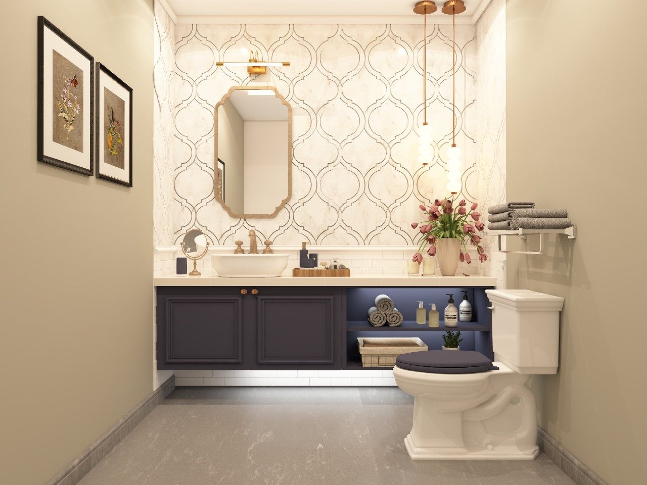 Elegant bathroom with patterned white wall tiles and white teak lights - Beautiful Homes