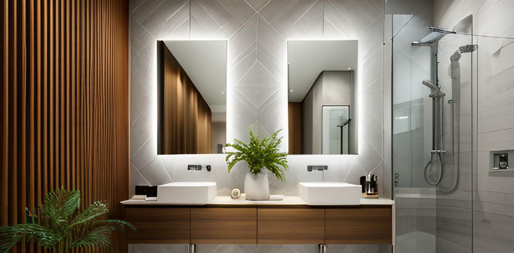 Ensuite bathroom with light beige tiles-Beautiful Homes