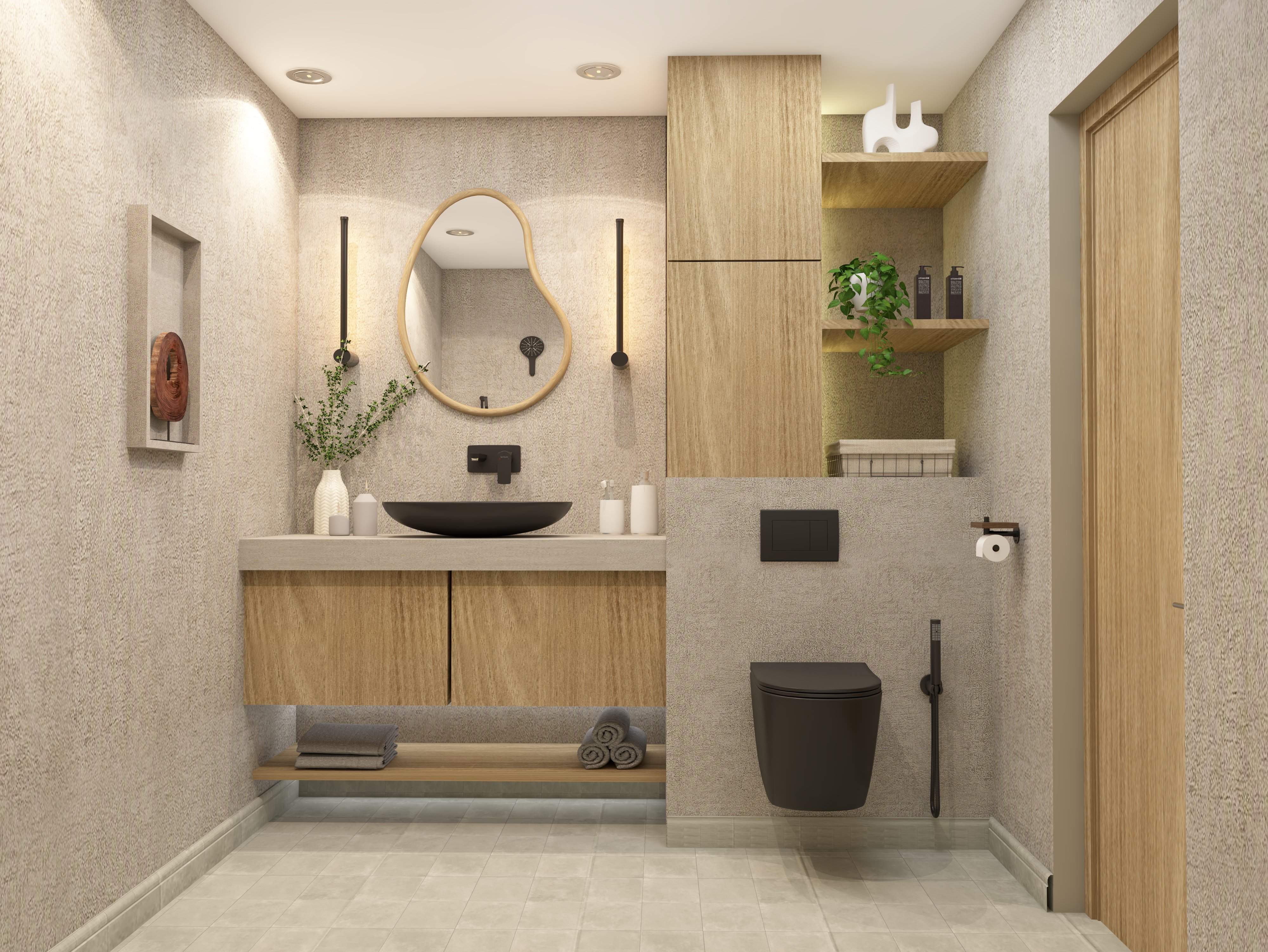 Modern bathroom with wooden cabinet and black fixtures - Beautiful Homes