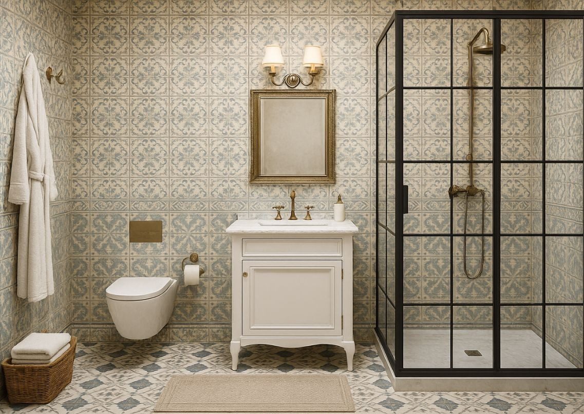 Bathroom with vintage tiles and brass fixtures - Beautiful Homes