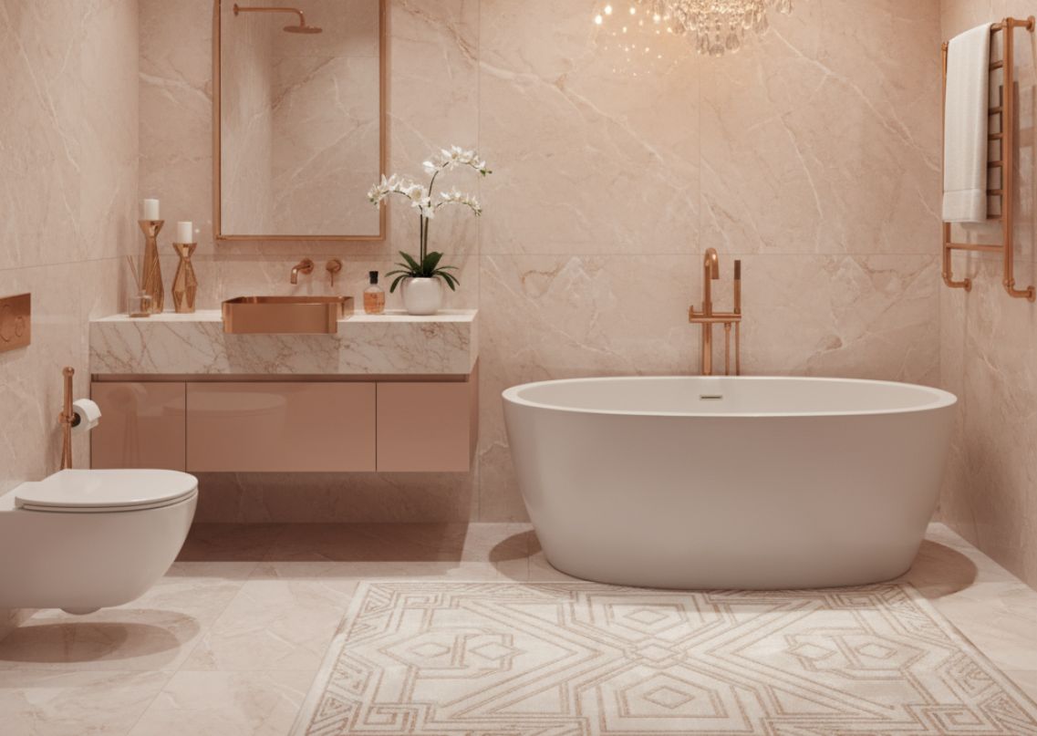 Bathroom with freestanding tub and rose gold accents - Beautiful Homes