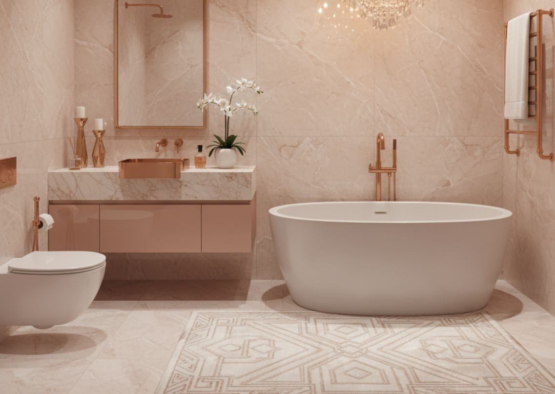 Bathroom with freestanding tub and rose gold accents - Beautiful Homes