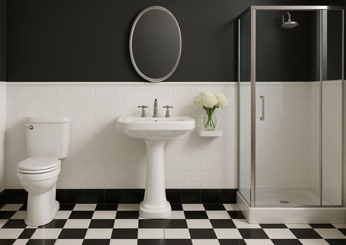 Monochrome bathroom with checkered tiles and pedestal sink - Beautiful Homes